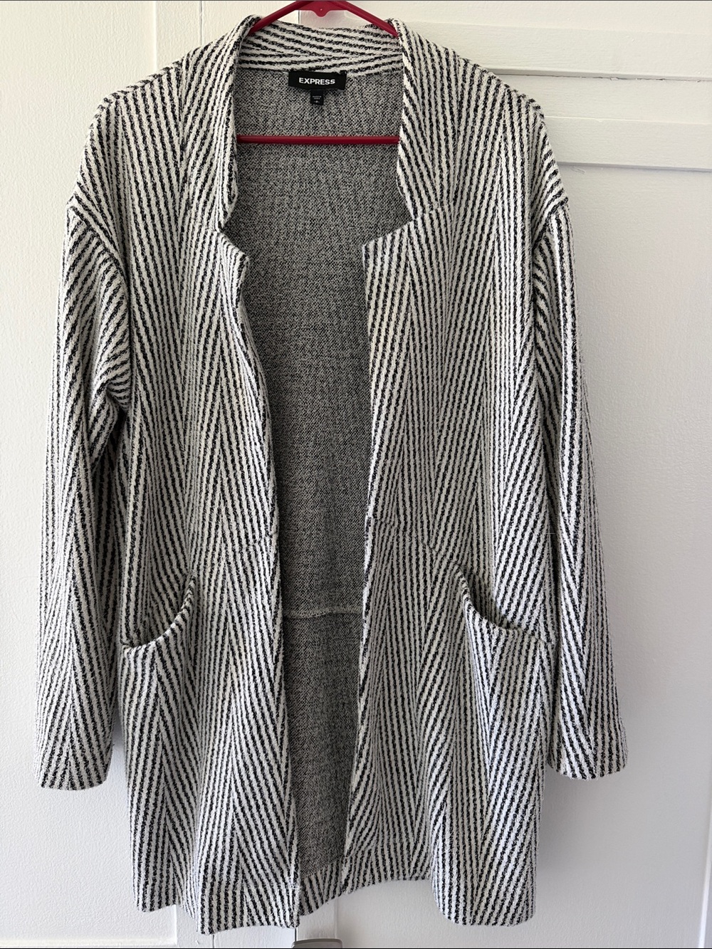 Express Women's Black & White Open-Front Striped Cardigan